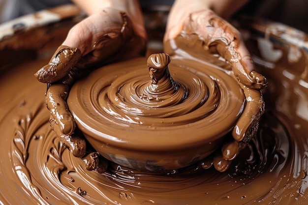 clay on potters table with hands forming clay pot professional photography