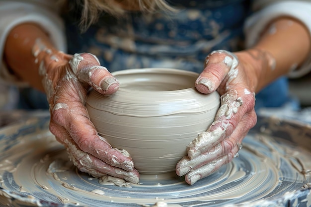 clay on potters table with hands forming clay pot professional photography