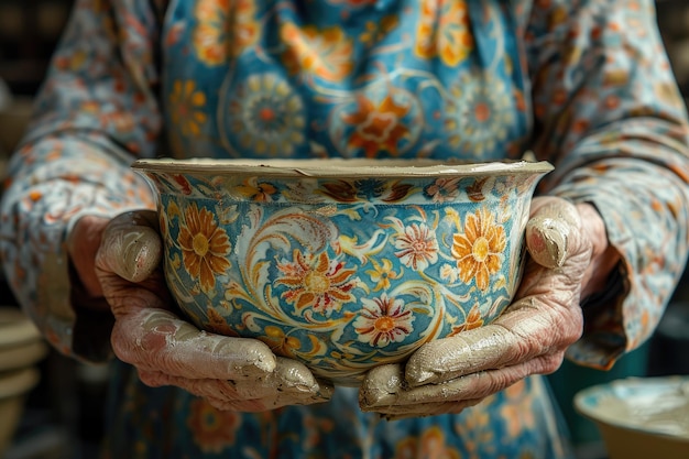 陶器師の手で陶器を作るテーブルの上の粘土 プロの写真