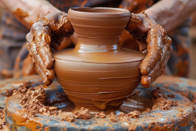 clay on potters table with hands forming clay pot professional photography