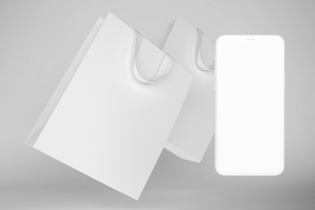 Clay Shopping Bags and Phone Left Side In White Background