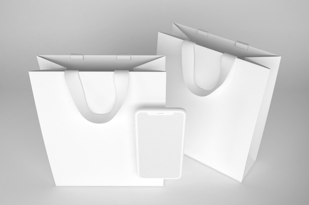 Foto sacchetti della spesa di argilla e lato di prospettiva del telefono in uno sfondo bianco