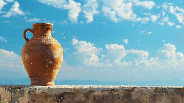 Photo a clay vase is sitting on a ledge with the sky in the background