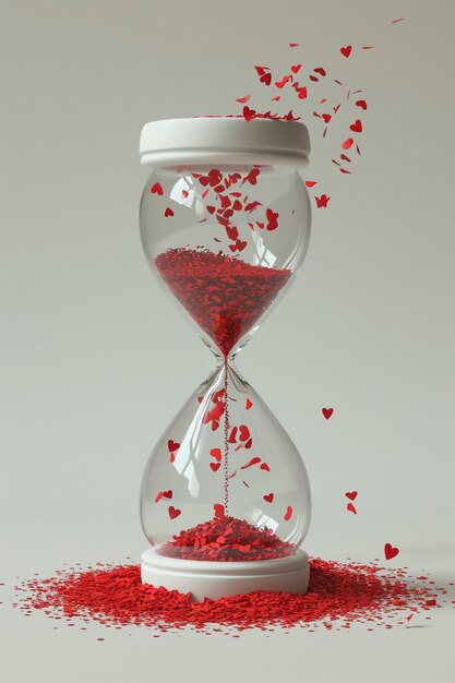 A clean 3D design of a white hourglass with red particles slowly falling