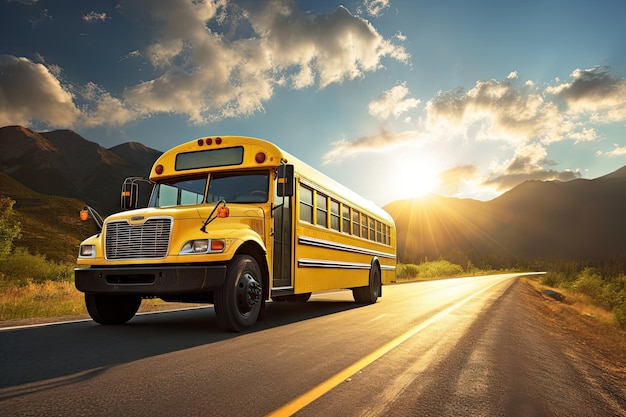 Clean background with school bus on black pavement