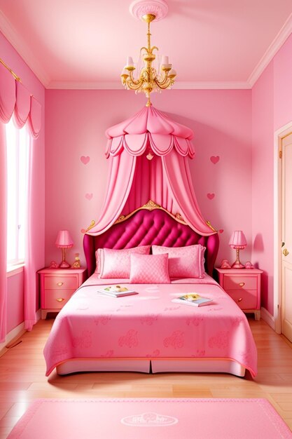 麗な大きなクイーン豪華な寝室とピンクの美学