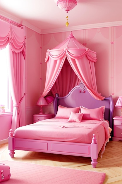麗な大きなクイーン豪華な寝室とピンクの美学