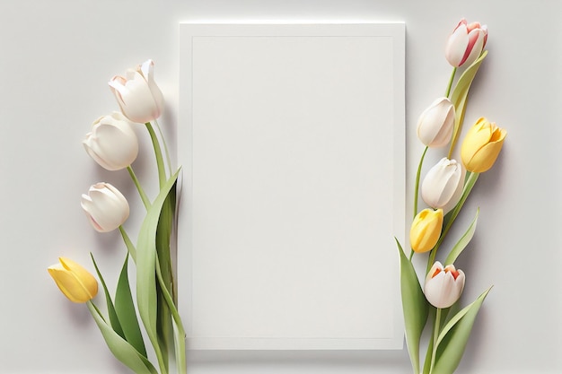 Clean blank frame for mockup on white background with tulips Flat Lay style