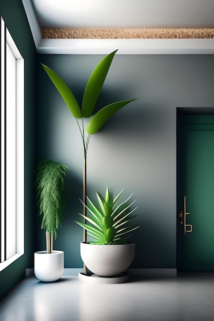Clean blank polished cement wall with green tropical banana tree in round gray concrete pot on ceme