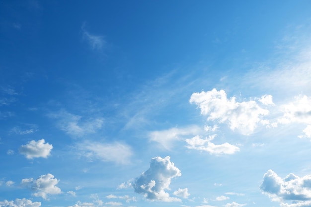 きれいな青い空と白い雲の空の背景に装飾用のスペースがあり、壁紙の作成に使用されます