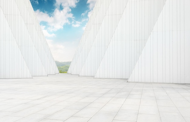 Clean and bright architectural space and mountain scenery under the blue sky