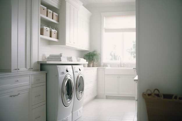 Clean bright laundry room with washer and dryer Created with Generative AI technology