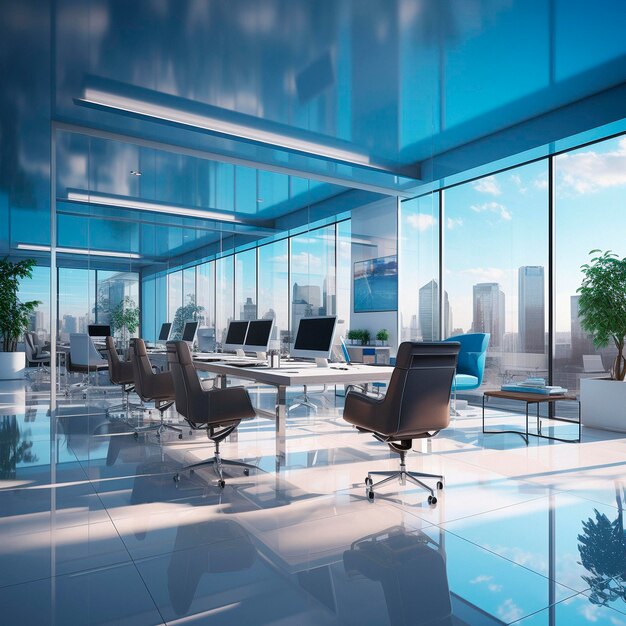 Clean and bright office in blue shades Professional background High quality illustration