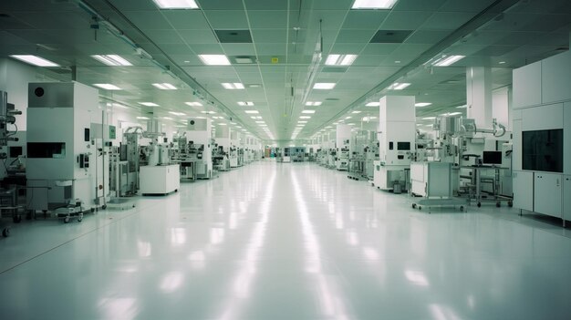 Photo a clean brightly lit semiconductor fab floor with lots of large white machines