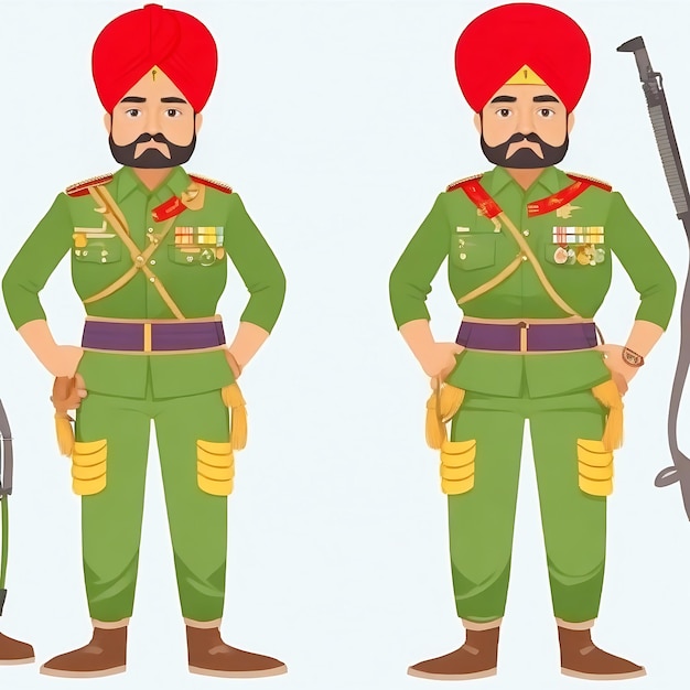 Photo clean cartoon illustration of punjabi soldier machine gun character set concept