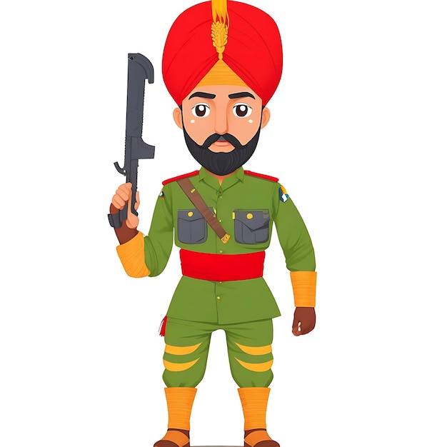 Foto illustrazione di cartone animato pulito del concetto di set di personaggi della mitragliatrice del soldato punjabi