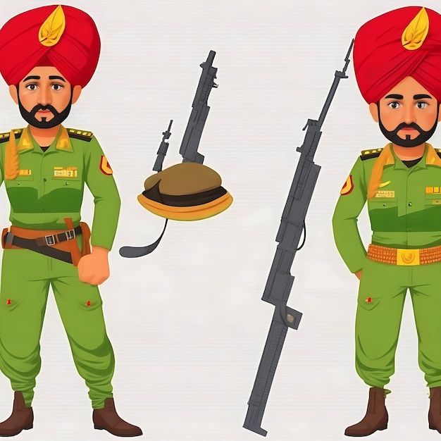 Clean cartoon illustration of Punjabi soldier machine gun character set concept