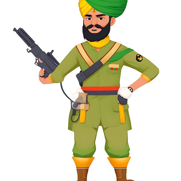 Чистая иллюстрация мультфильма о панджабском солдате с пулеметом