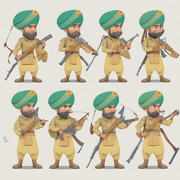 Clean cartoon illustration of Punjabi soldier machine gun character set concept