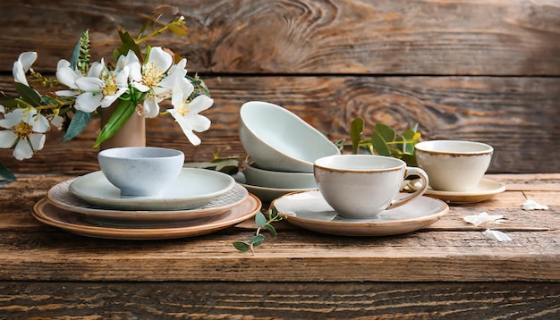 Photo clean ceramic plates cup and floral decor on wooden table