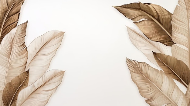 Clean and chic composition of brown banana leaves against a white backdrop