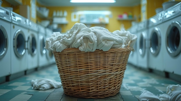 Clean clothes in basket near washing machines in laundry room