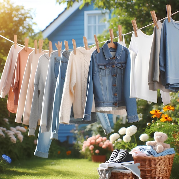 청결한 옷은 세탁일에 야외에서 로프에 매달려 있습니다.