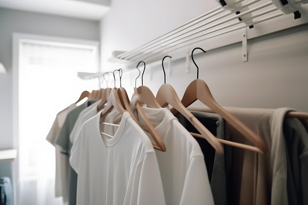 Clean clothes on hangers in the laundry room Neural network AI generated