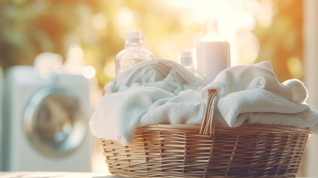 Clean clothes in a rattan basket Laundry at outdoor area