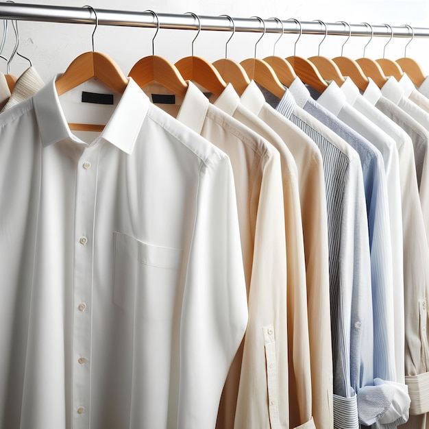 Clean clothes white and beige mens shirts on hangers after drycleaning or for sale in shop on white