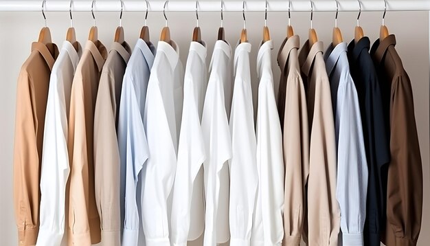 Clean clothes white and beige mens shirts on hangers after drycleaning or for sale in the shop