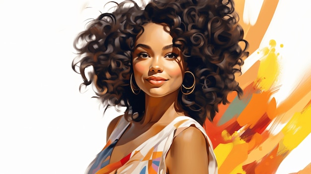 A clean colorful illustration of an AfroAmerican woman in her 3035 years with long defined wet hair