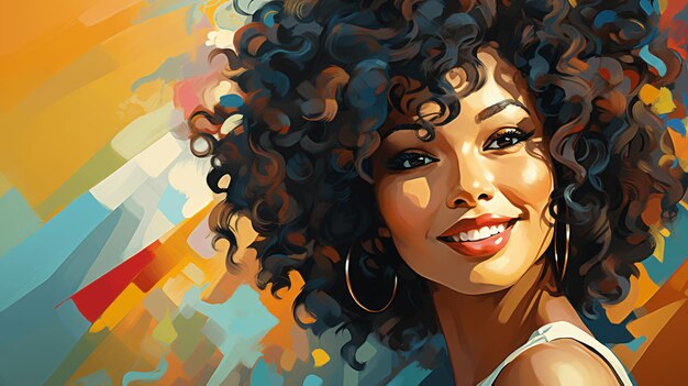 A clean colorful illustration of a curly hair teenage girl smiling set against a pastel green and bl