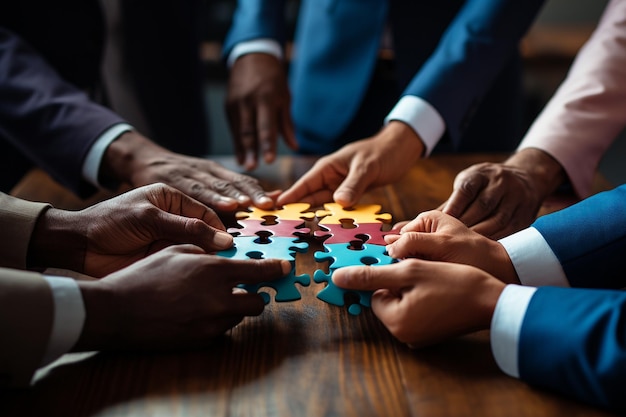 Clean concept of teamwork and partnership Hands joining colorful jigsaw