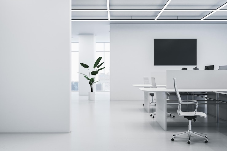 Photo clean concrete coworking office interior with window and city view empty black screen decorative plants and furniture 3d rendering