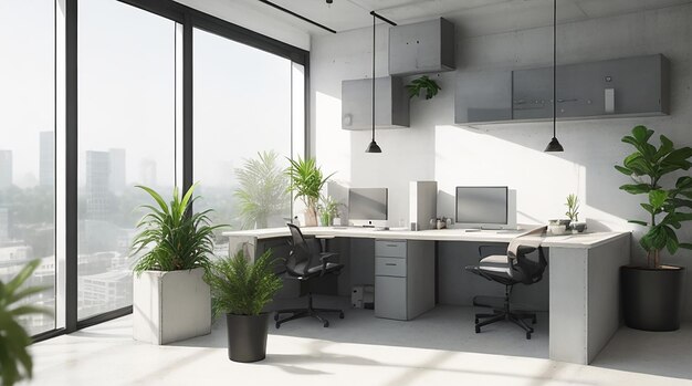 Clean concrete coworking office interior with windows equipment furniture and other items