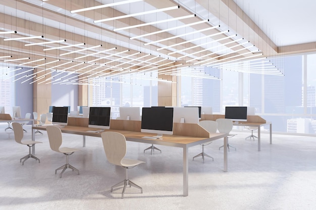 Clean concrete and wooden coworking office interior with window and city view empty computer screens equipment furniture and daylight 3D Rendering