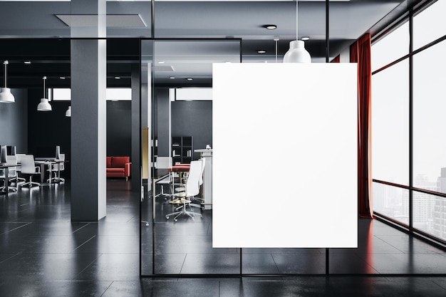 Clean coworking office hall with blank white banner