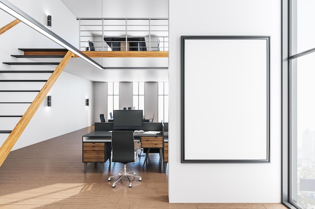 Photo clean coworking office interior with blank poster