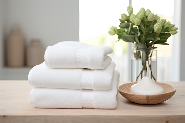 Clean and Cozy Essentials Showcasing Our Luxurious Towel Collection atop the White Wood Table