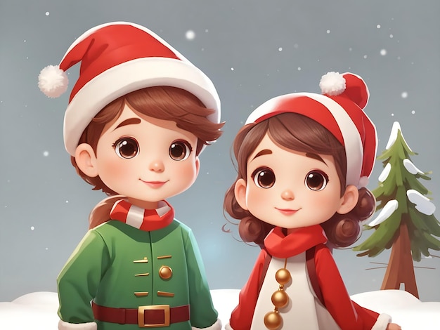 きれいなクリスマス衣装の漫画のキャラクターのかわいい女の子と男の子の兄と妹