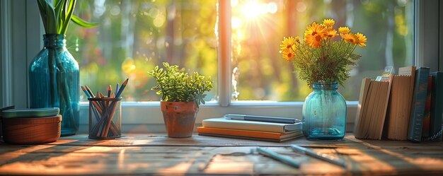 Photo a clean desk with school supplies offering background