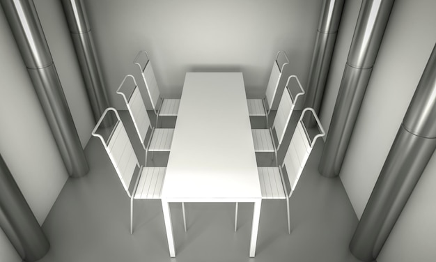 Clean diner room, chairs and white table  over clean space. silver columns.