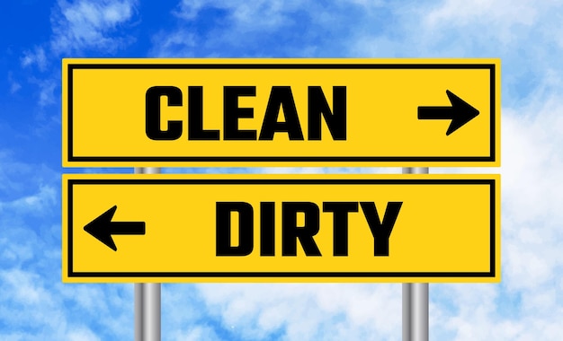 Clean or dirty road sign on sky background