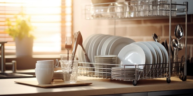 Clean dishes drying on rack in modern kitchen Generative AI