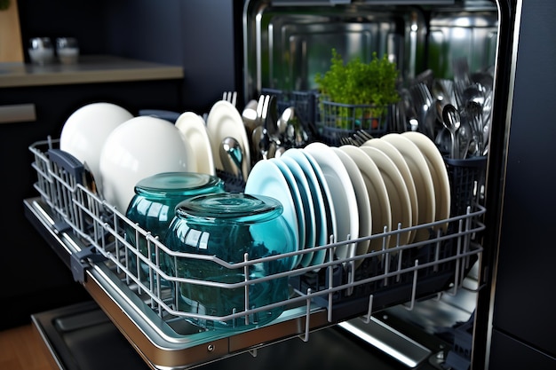 Clean dishes in a modern dishwasher in the kitchen
