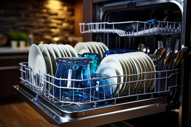 Photo clean dishes in a modern dishwasher in the kitchen