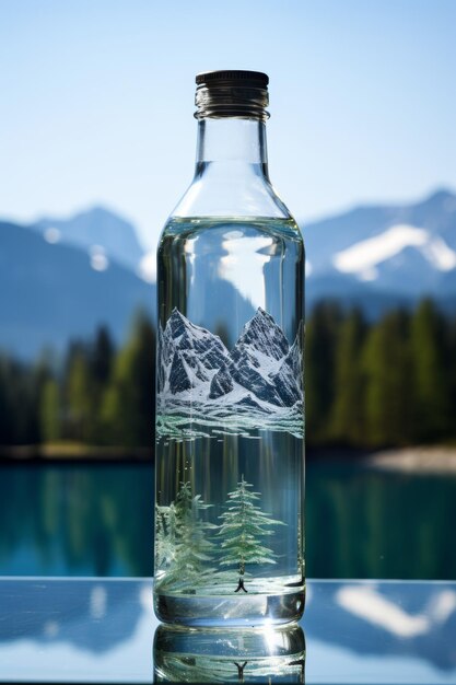 clean drinking water in a bottle against the background of a lake and mountains Generative AI