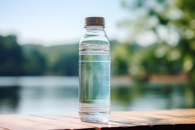 clean drinking water in a bottle against the background of a lake and mountains Generative AI