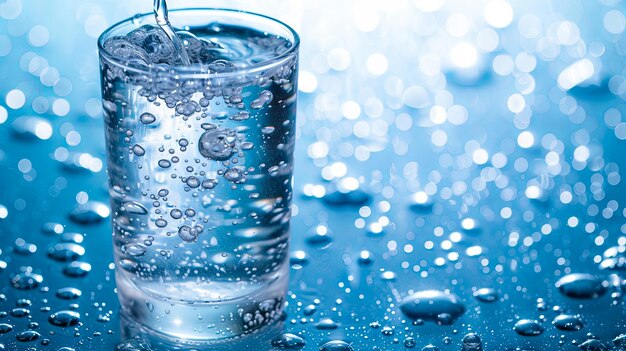 깨한 마실 수 있는 물이 투명한 유리잔에서 반이는 것은 건강과 행복의 신호입니다.
